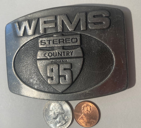 Vintage Metal Belt Buckle, WFMS Radio, Country, Indiana, Nice Design, 3 1/2" x 2 1/2", Heavy Duty, Quality, Thick Metal, Made in USA, For Belts, Fashion, Shelf Display, Western Wear, Southwest, Country, Fun, Nice