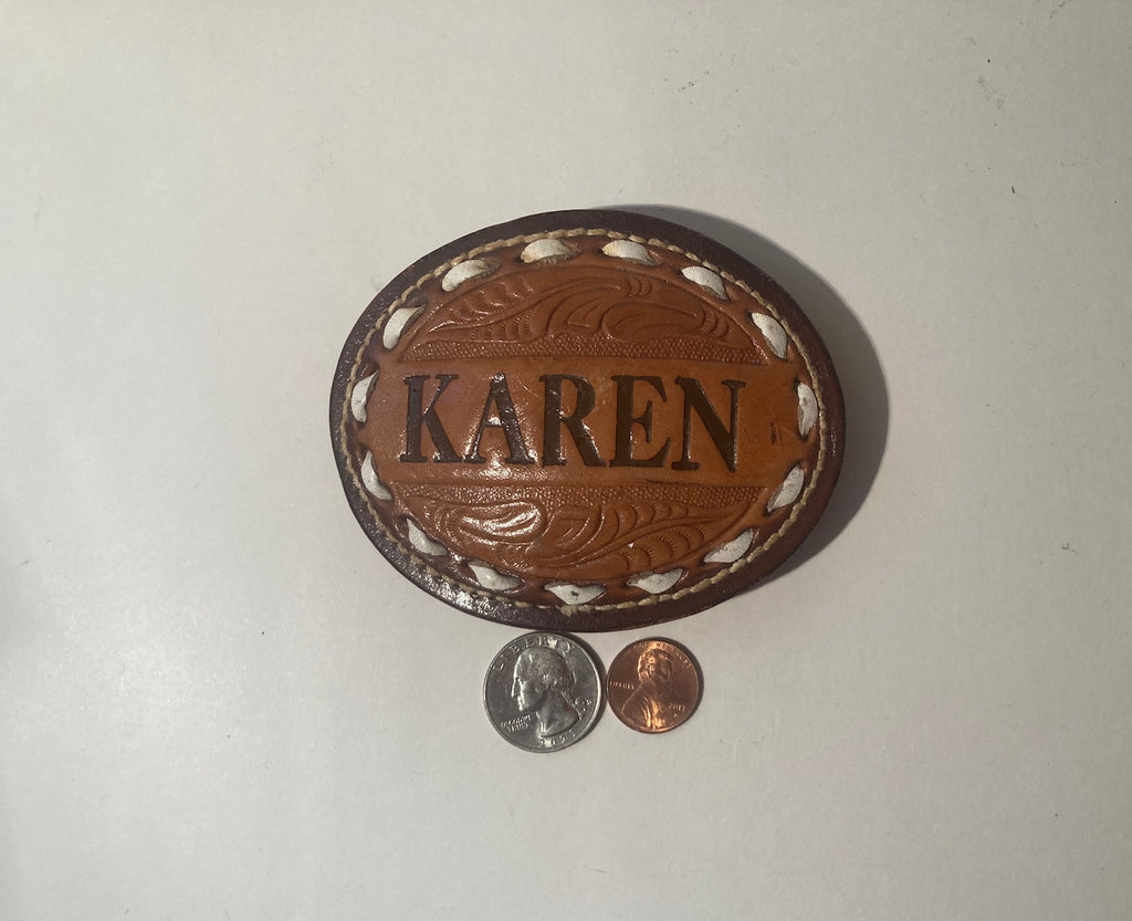 Vintage Metal Belt Buckle, Leather, Hand Tooled, Karen, Dallas, Nice Western Style Design, 4" x 3 1/4", Heavy Duty, Quality, Thick Metal, Made in USA, For Belts, Fashion, Shelf Display, Western Wear, Southwest, Country, Fun, Nice