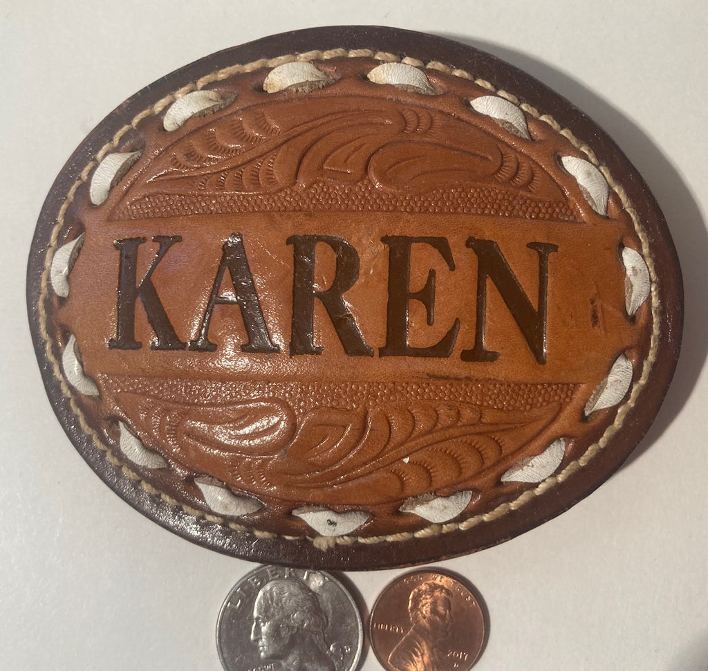 Vintage Metal Belt Buckle, Leather, Hand Tooled, Karen, Dallas, Nice Western Style Design, 4" x 3 1/4", Heavy Duty, Quality, Thick Metal, Made in USA, For Belts, Fashion, Shelf Display, Western Wear, Southwest, Country, Fun, Nice