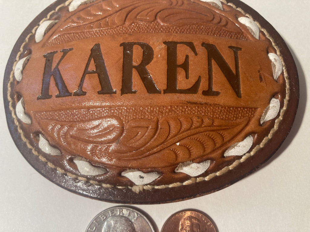 Vintage Metal Belt Buckle, Leather, Hand Tooled, Karen, Dallas, Nice Western Style Design, 4" x 3 1/4", Heavy Duty, Quality, Thick Metal, Made in USA, For Belts, Fashion, Shelf Display, Western Wear, Southwest, Country, Fun, Nice