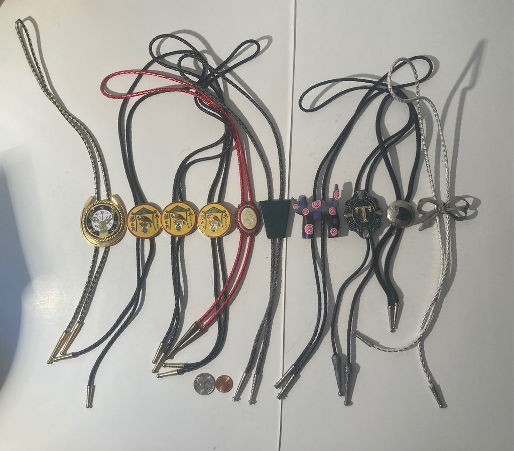 Vintage Lot of 10 Metal Bolo Ties, Nice Designs, Cat,, Buck, Letter T, Quality, Heavy Duty, Made in USA, Country & Western, Cowboy, Western Wear, Horse, Apparel, Accessory, Tie, Nice Quality Fashion, Wholesale, Shipping in the U.S.