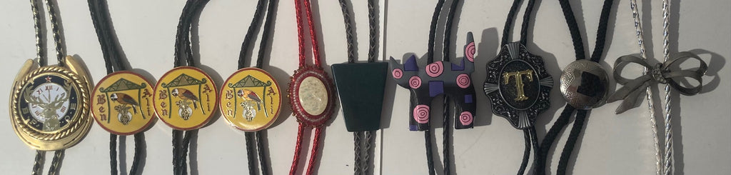 Vintage Lot of 10 Metal Bolo Ties, Nice Designs, Cat,, Buck, Letter T, Quality, Heavy Duty, Made in USA, Country & Western, Cowboy, Western Wear, Horse, Apparel, Accessory, Tie, Nice Quality Fashion, Wholesale, Shipping in the U.S.