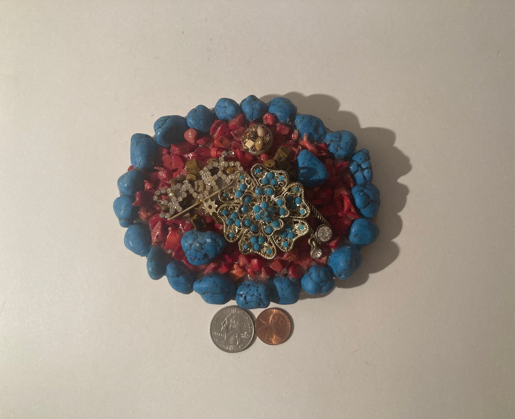Vintage Metal Belt Buckle, Big and Heavy, Blue and Red Stones, Crystal, Spurs, Turquoise, Nice Design, 5 1/4" x 4", Heavy Duty, Quality, Thick Metal, Made in USA, For Belts, Fashion, Shelf Display, Western Wear, Southwest, Country, Fun, Nice