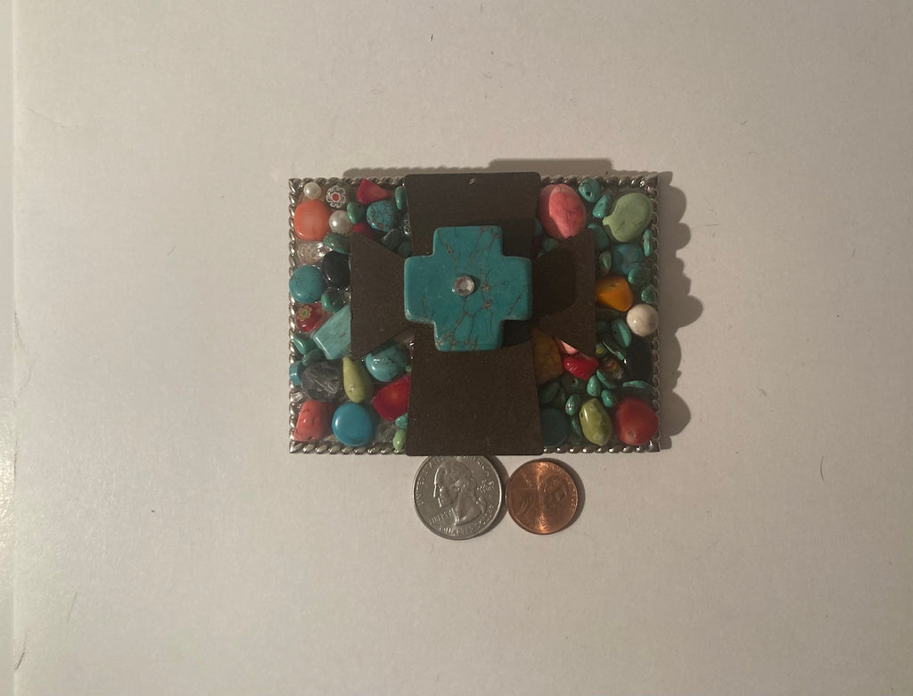 Vintage Metal Belt Buckle, Turquoise, Cross, Crucifix, Colorful Stones, Nice Design, 3 3/4" x 2 3/4", Heavy Duty, Quality, Thick Metal, Made in USA, For Belts, Fashion, Shelf Display, Western Wear, Southwest, Country, Fun, Nice