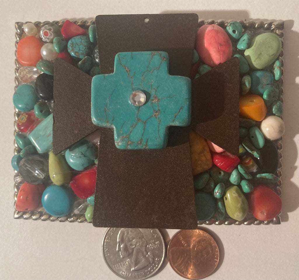 Vintage Metal Belt Buckle, Turquoise, Cross, Crucifix, Colorful Stones, Nice Design, 3 3/4" x 2 3/4", Heavy Duty, Quality, Thick Metal, Made in USA, For Belts, Fashion, Shelf Display, Western Wear, Southwest, Country, Fun, Nice