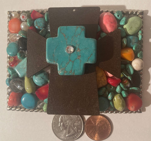 Vintage Metal Belt Buckle, Turquoise, Cross, Crucifix, Colorful Stones, Nice Design, 3 3/4" x 2 3/4", Heavy Duty, Quality, Thick Metal, Made in USA, For Belts, Fashion, Shelf Display, Western Wear, Southwest, Country, Fun, Nice