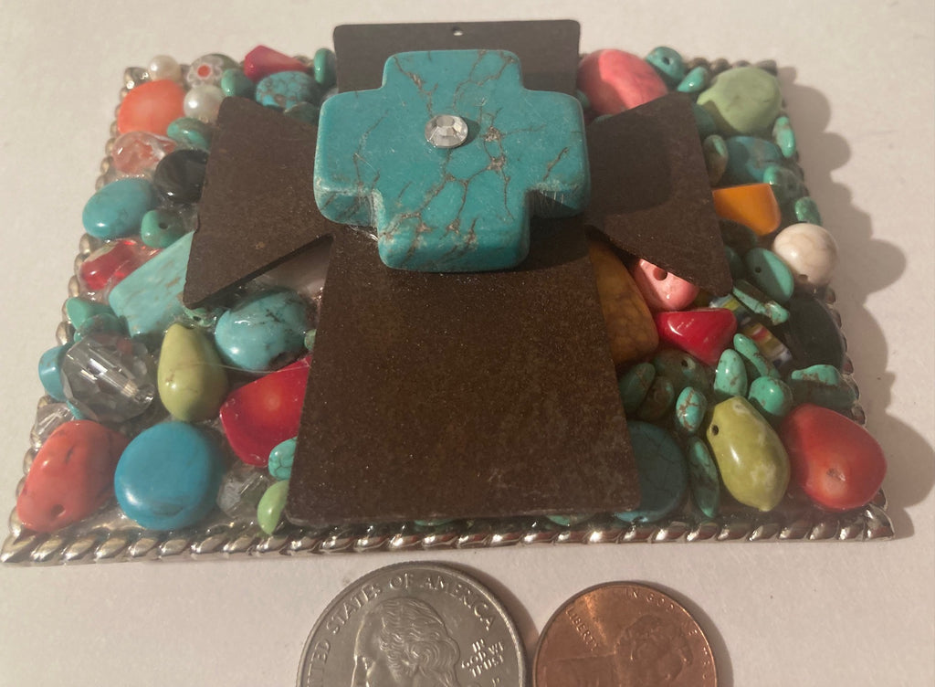 Vintage Metal Belt Buckle, Turquoise, Cross, Crucifix, Colorful Stones, Nice Design, 3 3/4" x 2 3/4", Heavy Duty, Quality, Thick Metal, Made in USA, For Belts, Fashion, Shelf Display, Western Wear, Southwest, Country, Fun, Nice