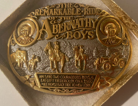 Vintage Metal Belt Buckle, Gold Plated, The Remarkable Ride of the Abernathy Boys, 6 and 10, Rode Horses 2,500 Miles to New York in 1910, Nice Design, 4" x 2 3/4", Heavy Duty, Quality, Thick Metal, Made in USA, For Belts, Fashion, Shelf Display