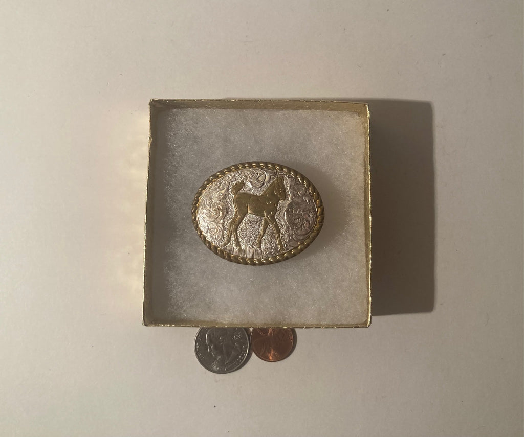 Vintage Metal Belt Buckle, Crumrine, Nice Horse Design, Nice Design, 2 1/4" x 1 5/8", Heavy Duty, Quality, Thick Metal, Made in USA, For Belts, Fashion, Shelf Display, Western Wear, Southwest, Country, Fun, Nice,