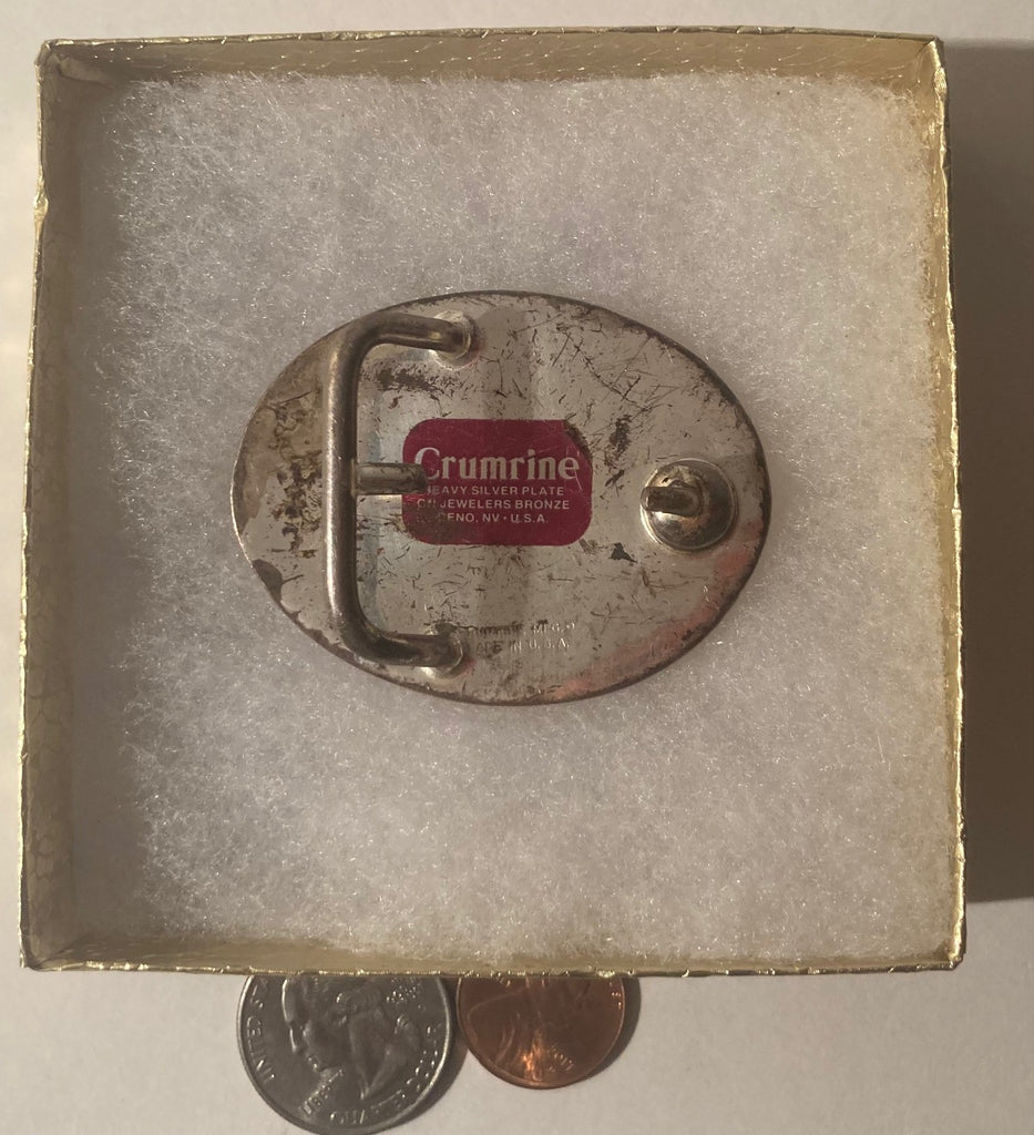 Vintage Metal Belt Buckle, Crumrine, Nice Horse Design, Nice Design, 2 1/4" x 1 5/8", Heavy Duty, Quality, Thick Metal, Made in USA, For Belts, Fashion, Shelf Display, Western Wear, Southwest, Country, Fun, Nice,