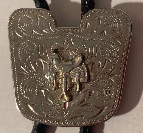 Vintage Metal Bolo Tie, Nice Silver Horse Saddle Design, Nice Western Design, 1 1/2" x 1 1/2", Quality, Heavy Duty, Made in USA, Country & Western, Cowboy, Western Wear, Horse, Apparel, Accessory, Tie, Nice Quality Fashion