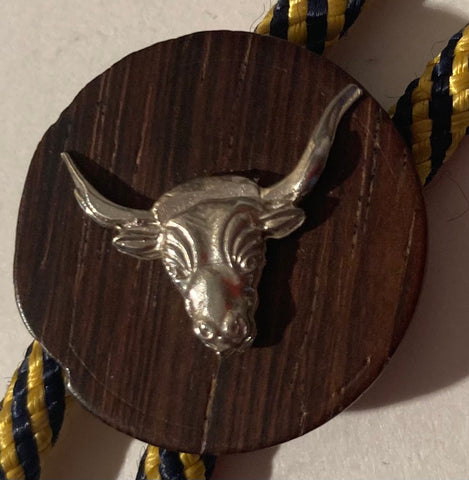 Vintage Metal Bolo Tie, Nice Wooden Design with Silver Bull, Cow, Cattle, Steer, Nice Western Design, 1" x 1", Quality, Heavy Duty, Made in USA, Country & Western, Cowboy, Western Wear, Horse, Apparel, Accessory, Tie, Nice Quality Fashion