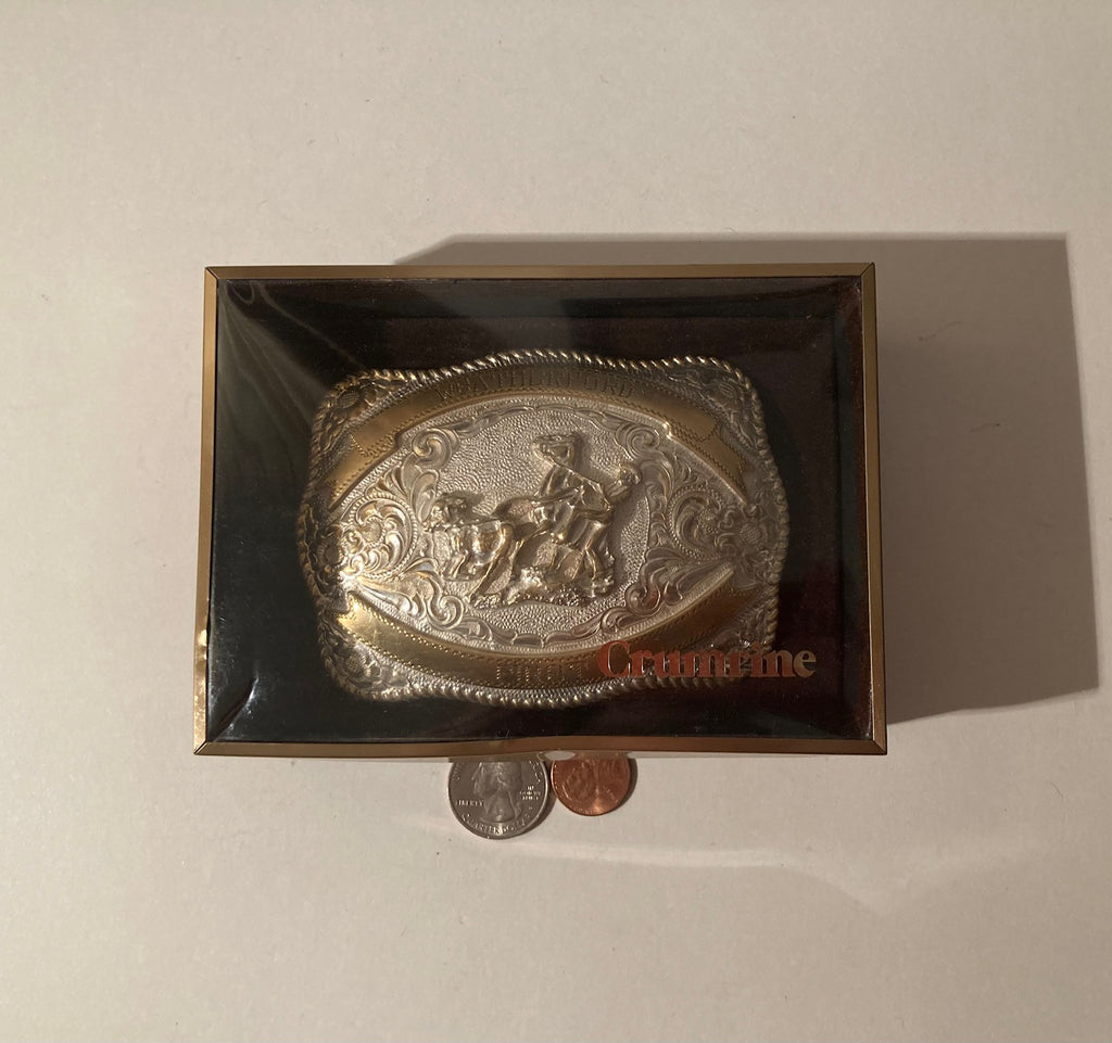 Vintage Metal Belt Buckle, Silver and Black, Crumrine, Calf Roping, Weatherford