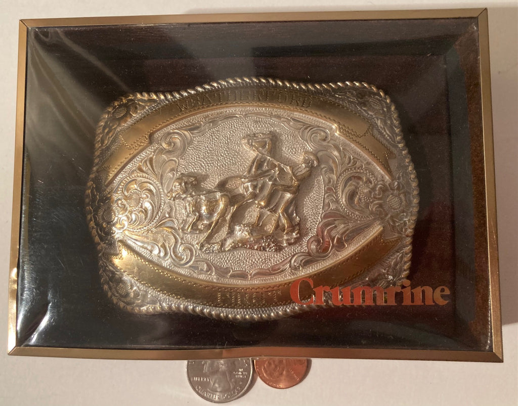 Vintage Metal Belt Buckle, Silver and Black, Crumrine, Calf Roping, Weatherford