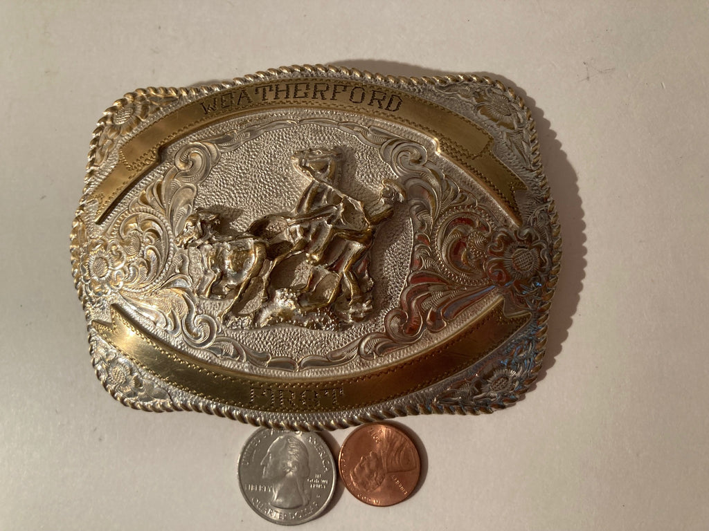 Vintage Metal Belt Buckle, Silver and Black, Crumrine, Calf Roping, Weatherford