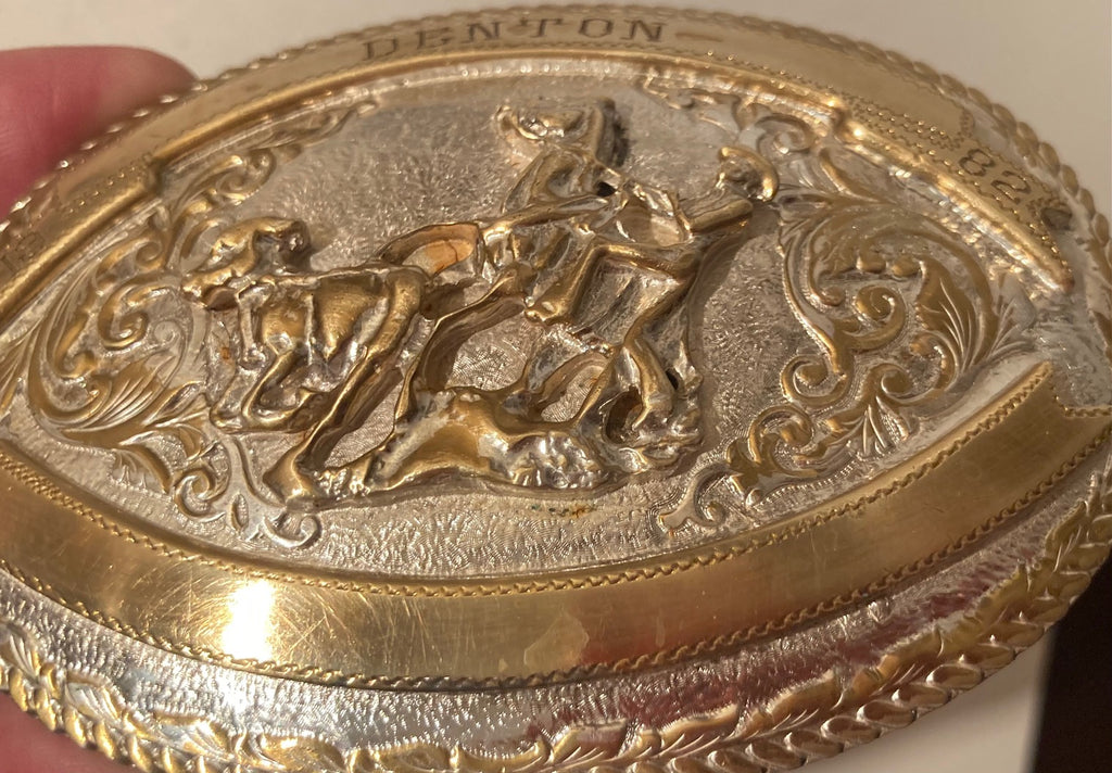 Vintage Metal Belt Buckle, Silver and Brass, Crumrine, Calf Roping, Rodeo, Denton