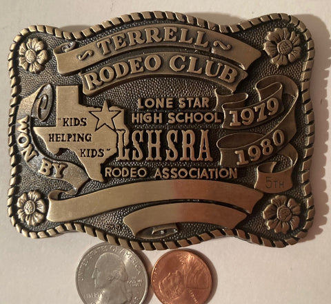 Vintage 1980 Metal Belt Buckle, Terrell Rodeo Club, Lone Star High School