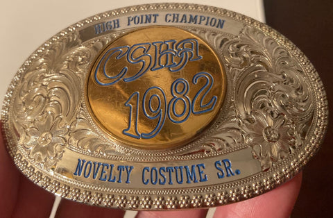 Vintage 1982 Metal Belt Buckle, Silver and Brass, CSHA, High Point Champion, Western Style Design, 3 3/4" x 2 3/4", Heavy Duty, Quality, Thick Metal, Made in USA, For Belts, Fashion, Shelf Display, Western Wear, Southwest, Country, Fun, Nice