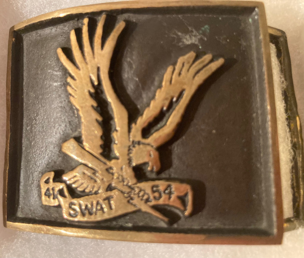 Vintage Metal Belt Buckle, Brass, 41 Swat 54, Special Weapons and Tactics,