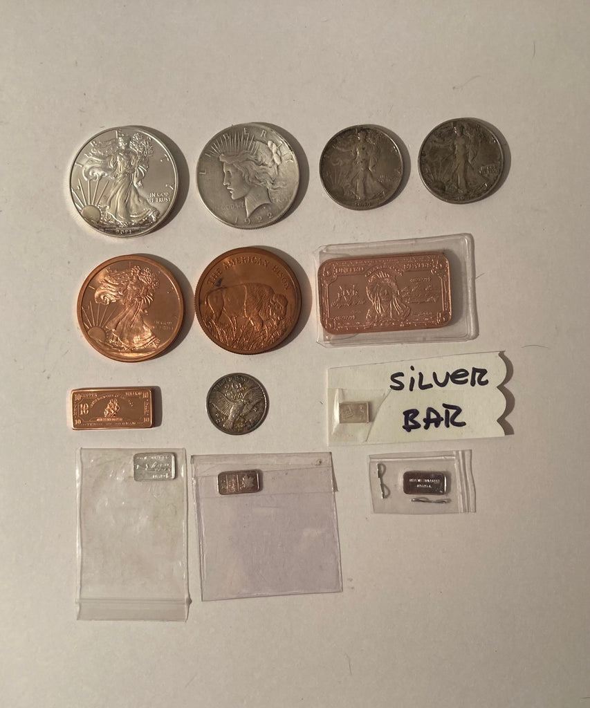 Lot of 13 Silver and Copper Coins and Bars, 1922 and More, Fine Silver, One Dollar, Golden State Mint