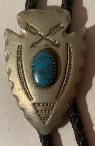 Vintage Metal Bolo Tie, Nice Silver Blue Turquoise Stone Arrowhead, Native Design, Nice Western Design, 1 3/4" x 1 1/4", Quality, Heavy Duty, Made in USA, Country & Western, Cowboy, Western Wear, Horse, Apparel, Accessory, Tie