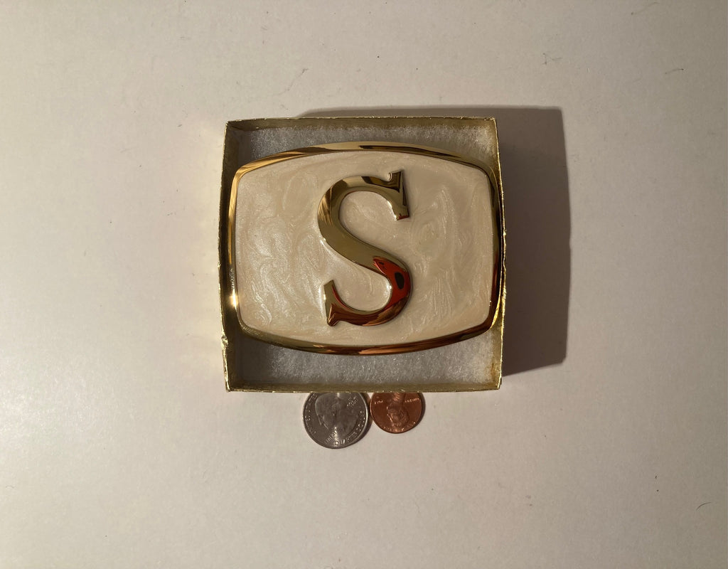 Vintage Metal Belt Buckle, Letter S, Initial S, Nice Enamel Design, Nice Western Design, 3 1/2" x 2 3/4", Heavy Duty, Quality, Thick Metal, Made in USA, For Belts, Fashion, Shelf Display, Western Wear, Southwest, Country, Fun, Nice,