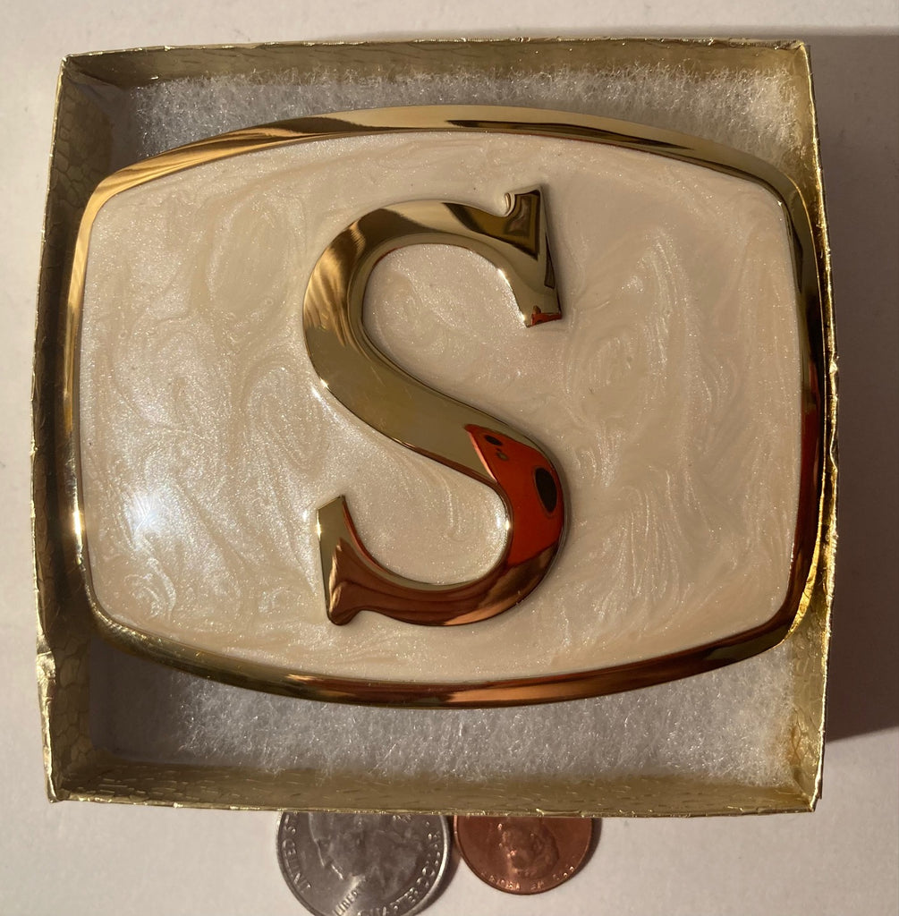 Vintage Metal Belt Buckle, Letter S, Initial S, Nice Enamel Design, Nice Western Design, 3 1/2" x 2 3/4", Heavy Duty, Quality, Thick Metal, Made in USA, For Belts, Fashion, Shelf Display, Western Wear, Southwest, Country, Fun, Nice,