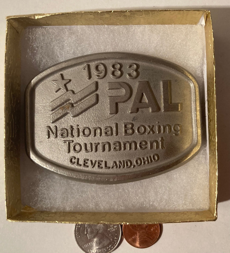 Vintage 1983 Metal Belt Buckle, PAL National Boxing Tournament, Cleveland, Ohio, Nice Western Design, 3 1/4" x 2 1/2", Heavy Duty, Quality, Thick Metal, Made in USA, For Belts, Fashion, Shelf Display, Western Wear, Southwest, Country, Fun, Nice