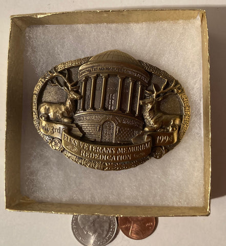 Vintage Metal Belt Buckle, Elks Veterans Memorial, Military, Nice Western Design, 3" x 2 1/4", Heavy Duty, Quality, Thick Metal, Made in USA, For Belts, Fashion, Shelf Display, Western Wear, Southwest, Country, Fun, Nice