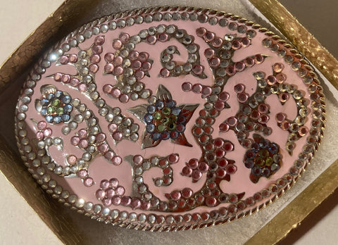 Vintage Metal Belt Buckle, Pink, Sparkly, Nice Western Design, 4" x 2 3/4", Heavy Duty, Quality, Thick Metal, Made in USA, For Belts, Fashion, Shelf Display, Western Wear, Southwest, Country, Fun, Nice