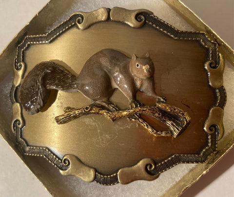 Vintage 1977 Metal Belt Buckle, Brass, Buck, Squirrel, Nature, Wildlife, Nice Western Design, 3 3/4" x 2 3/4", Heavy Duty, Quality, Thick Metal, Made in USA, For Belts, Fashion, Shelf Display, Western Wear, Southwest, Country, Fun, Nice