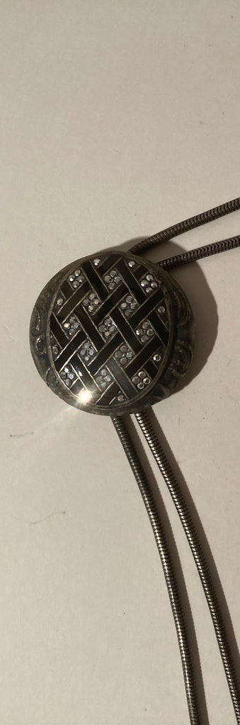 Vintage Metal Bolo Tie, Nice Silver and Black Enamel with Lots of Sparkly Stones, Nice Western Design, 2" x 2", Quality, Heavy Duty, Made in USA, Country & Western, Cowboy, Western Wear, Horse, Apparel, Accessory, Tie, Nice Quality Fashion