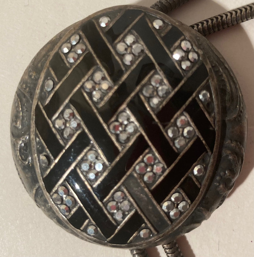 Vintage Metal Bolo Tie, Nice Silver and Black Enamel with Lots of Sparkly Stones, Nice Western Design, 2" x 2", Quality, Heavy Duty, Made in USA, Country & Western, Cowboy, Western Wear, Horse, Apparel, Accessory, Tie, Nice Quality Fashion