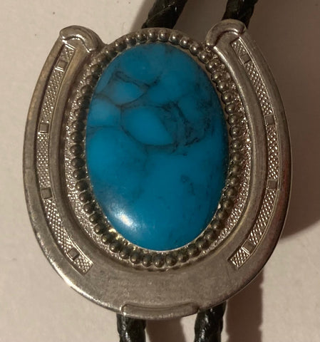 Vintage Metal Bolo Tie, Nice Silver Horseshoe Design with Nice Blue Turquoise Stone, Nice Western Design, 1 1/2" x 1 1/4", Quality, Heavy Duty, Made in USA, Country & Western, Cowboy, Western Wear, Horse, Apparel, Accessory, Tie, Nice Quality Fashion,