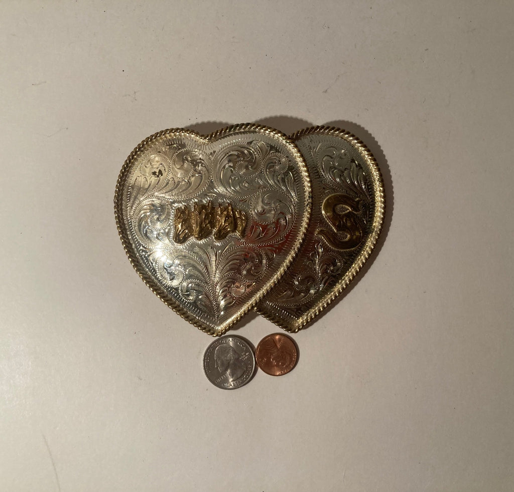 Vintage Metal Belt Buckle, Silver and Brass Double Hearts, Triple Horses