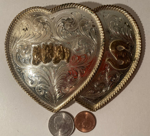 Vintage Metal Belt Buckle, Silver and Brass Double Hearts, Triple Horses