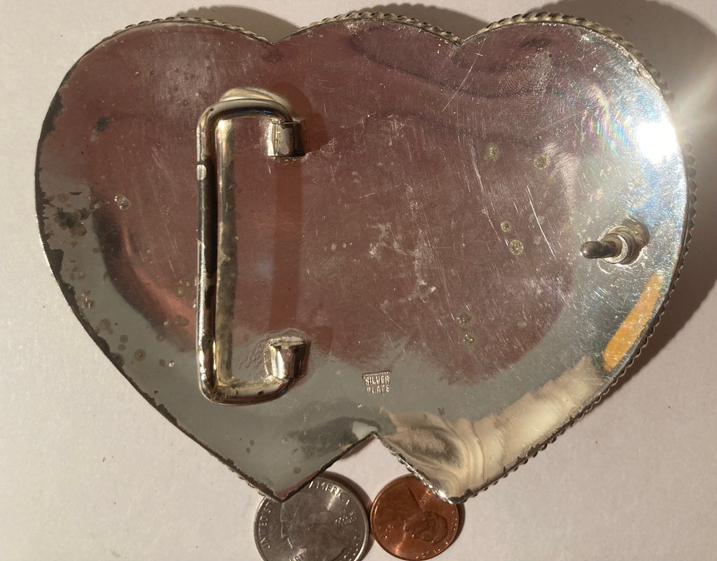 Vintage Metal Belt Buckle, Silver and Brass Double Hearts, Triple Horses