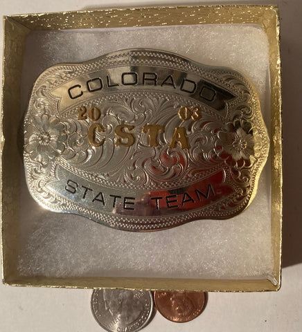 Vintage 2003 Metal Belt Buckle, Silver and Brass, CSTA, Colorado State Team, Nice Western Design, 3 1/2" x 2 1/2", Heavy Duty, Quality, Thick Metal, Made in USA, For Belts, Fashion, Shelf Display, Western Wear, Southwest, Country, Fun, Nice