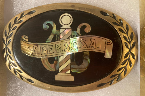 Vintage 1980 Metal Belt Buckle, SPEBSQSA, Barbershop Quartet, Nice Shiny Design, Nice Western Design, 3 1/2" x 2 1/4", Heavy Duty, Quality, Thick Metal, For Belts, Fashion, Shelf Display, Western Wear, Southwest, Country, Fun, Nice