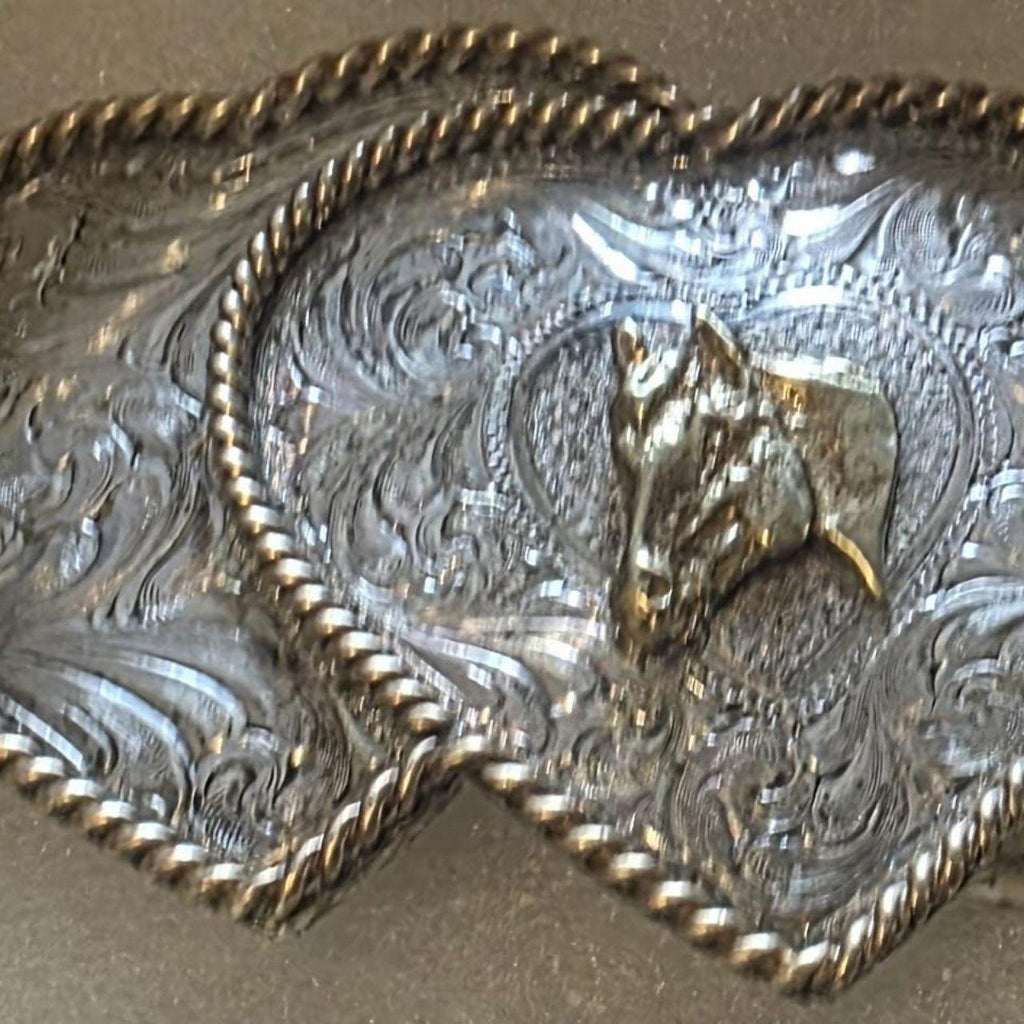 Vintage Metal Belt Buckle, Nice Silver and Brass, Double Hearts, Horse, Montana Silversmiths