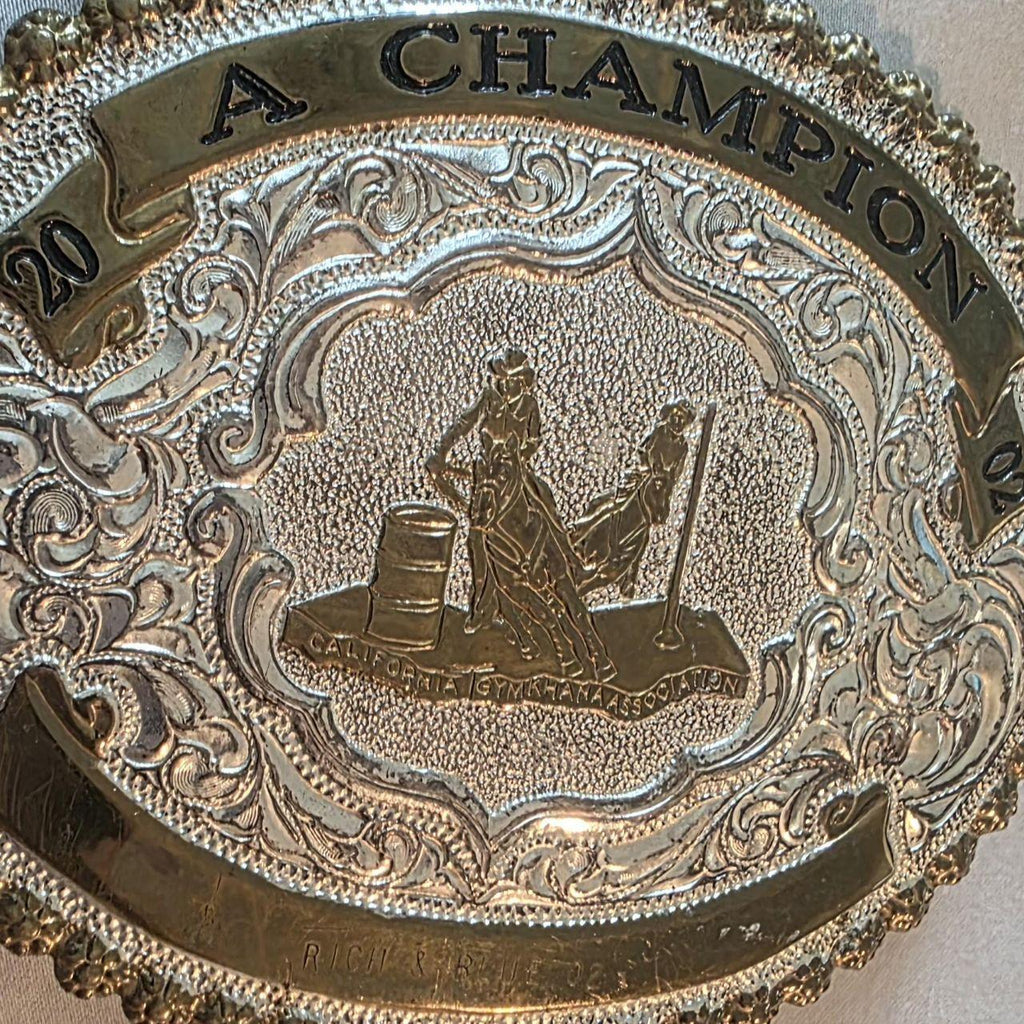 Vintage 2002 Metal Belt Buckle, Brass and Silver, A Champion, Horse, Barrel Racing, Paint, Nice Western Design