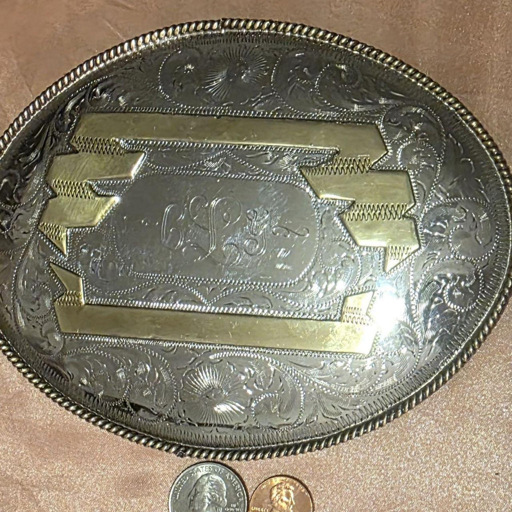 Vintage Metal Belt Buckle, Silver and Brass, Really Big Extra Large Size, Nice Western Design, 6 1/2" x 5", Cowboy Style, Heavy Duty