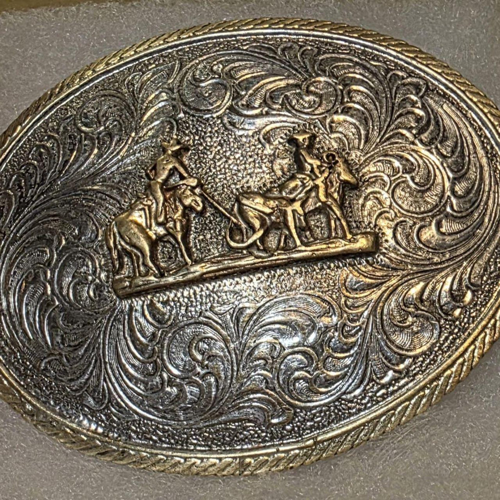 Vintage Western Belt Buckle with Cowboy and Horse Design