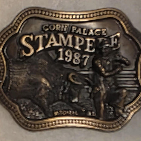 Vintage 1987 Corn Palace Stampede Belt Buckle, Rodeo Bull Rider, Mitchell, South Dakota
