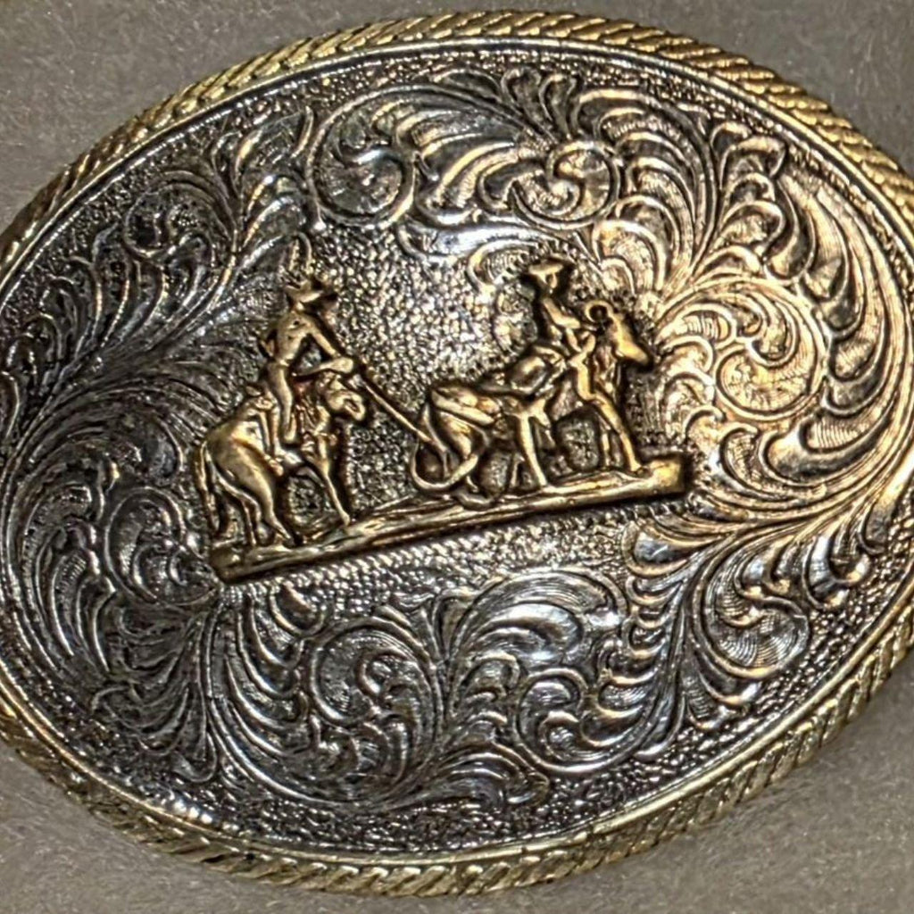 Vintage Western Belt Buckle with Cowboy and Horse Design