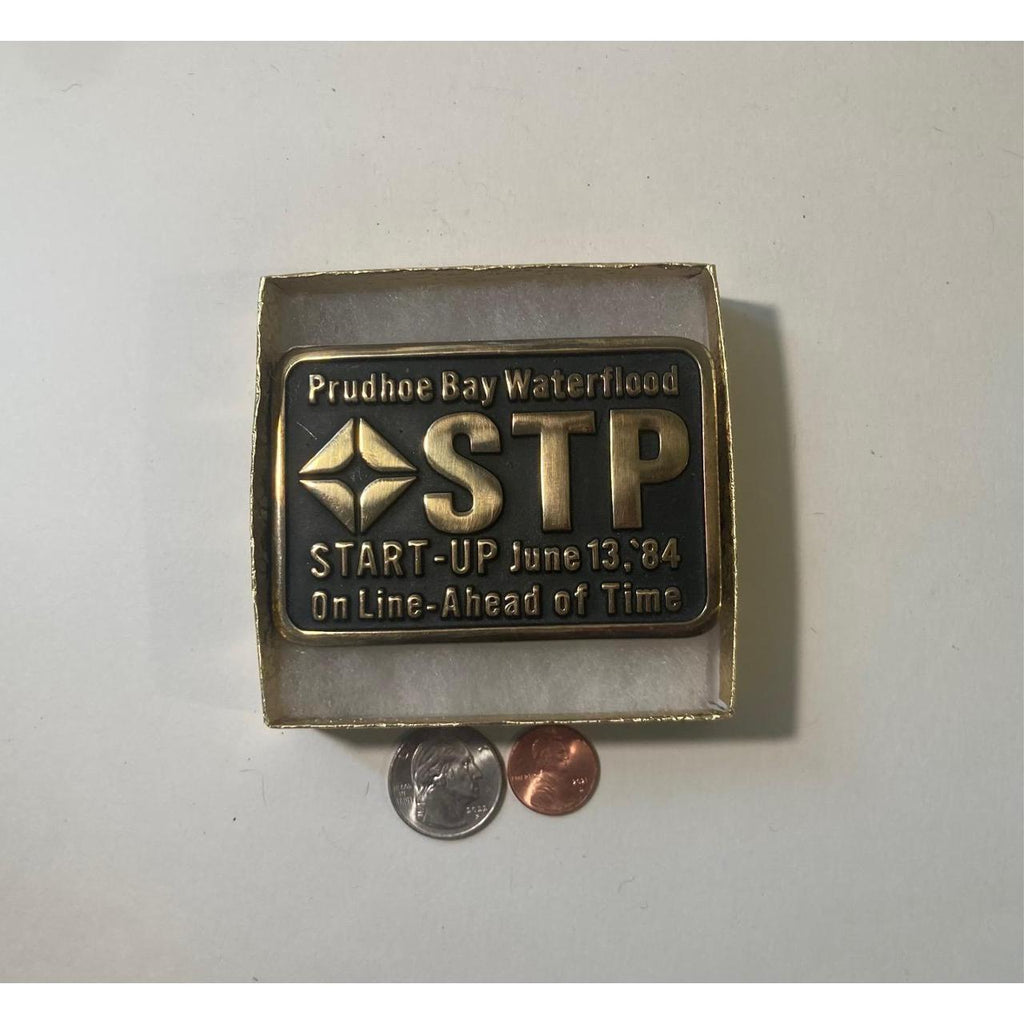Vintage 1984 Metal Belt Buckle, Brass, Prudhoe Bay Waterflood, STP, On Line, Ahead of Time, Oil Recovery, 3 1/2" x 2 1/2", Cowboy Style