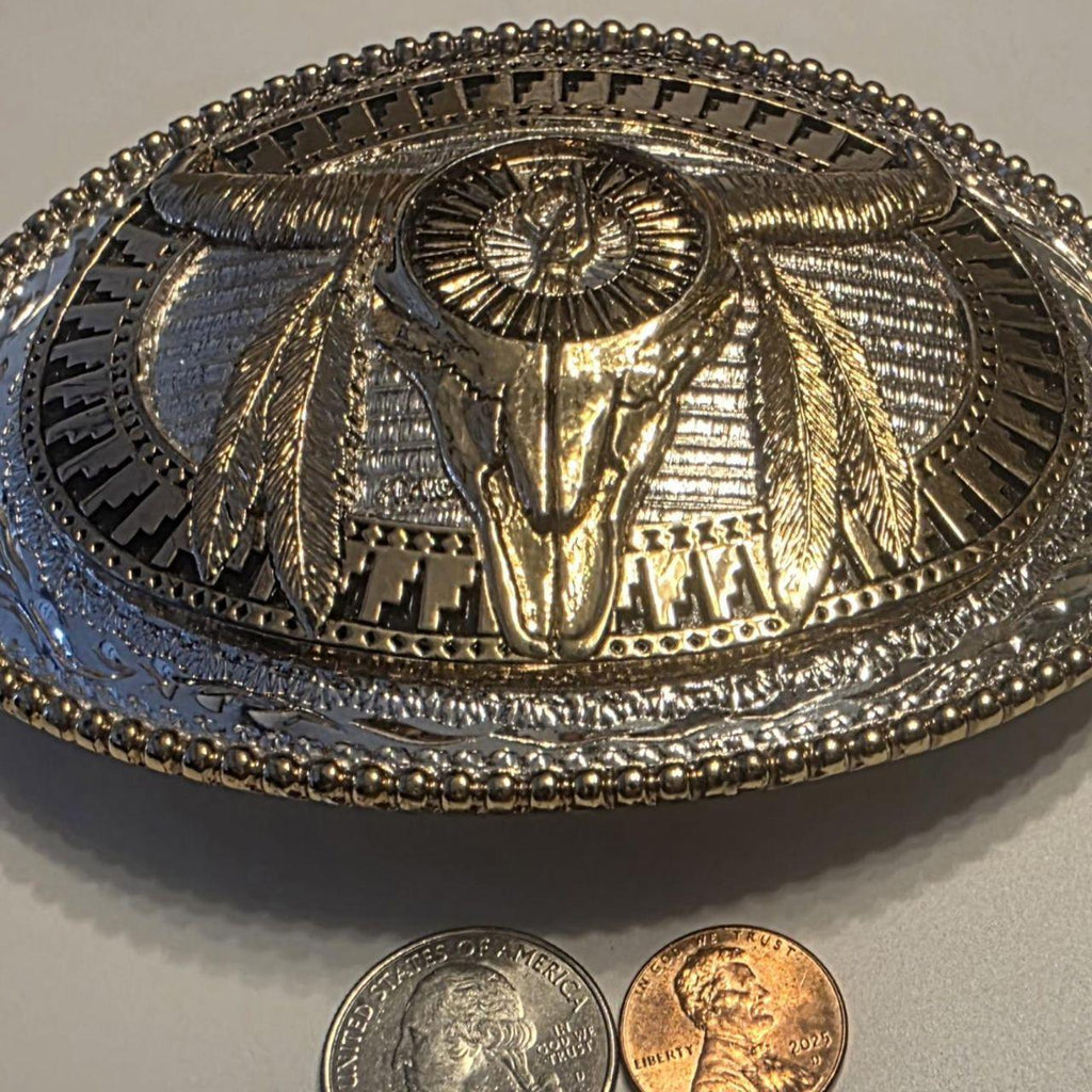 Vintage Metal Belt Buckle, Bull Skull, Big Size, Silversmith Collection, Silver and Brass, Cowboy, Rodeo, Nice Western Style Design