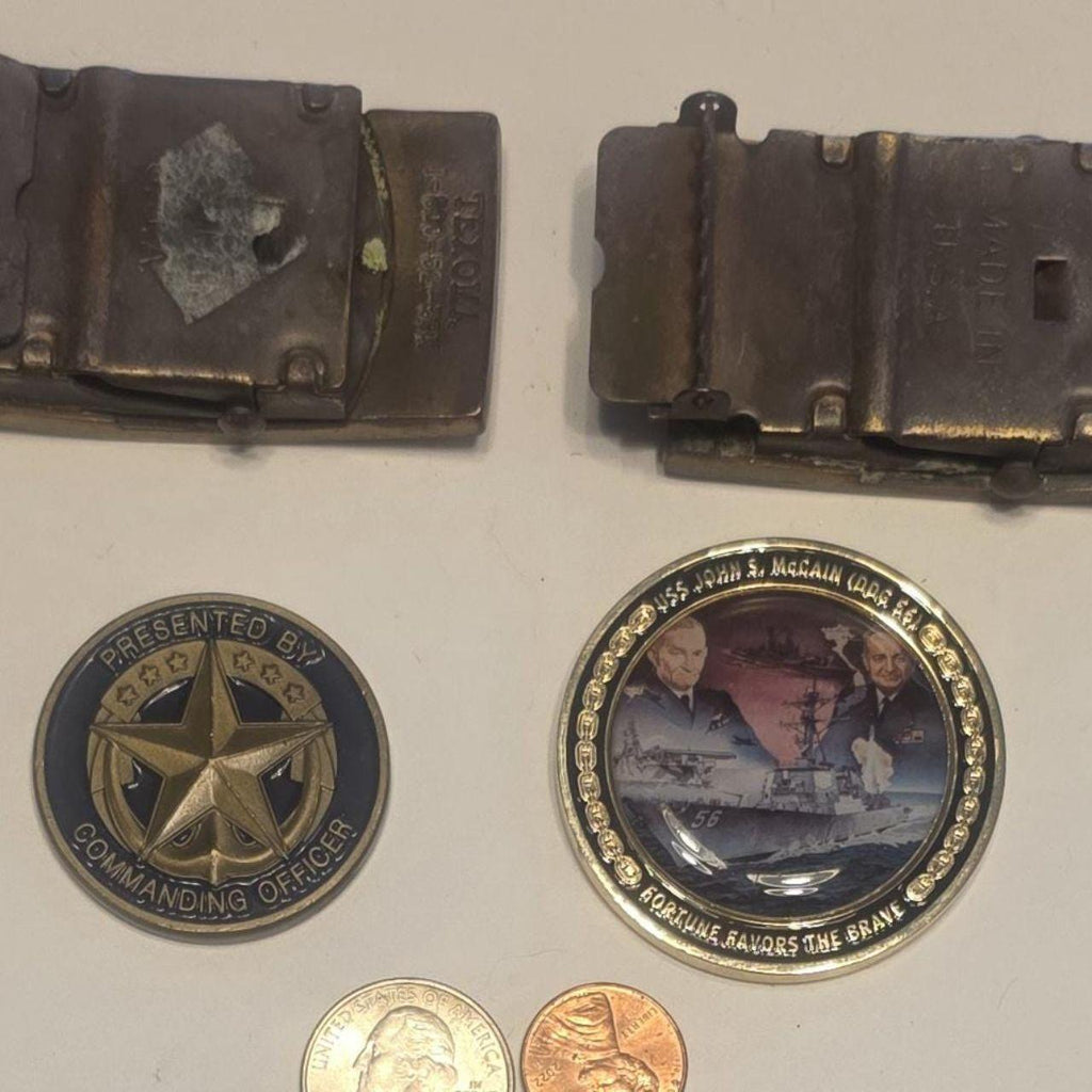 Vintage Lot of 2 Navy Military Belt Buckles, USS Nashville, USS Bunker Hill, and 2 Challenge Coins, USS Dwight G. Bradley