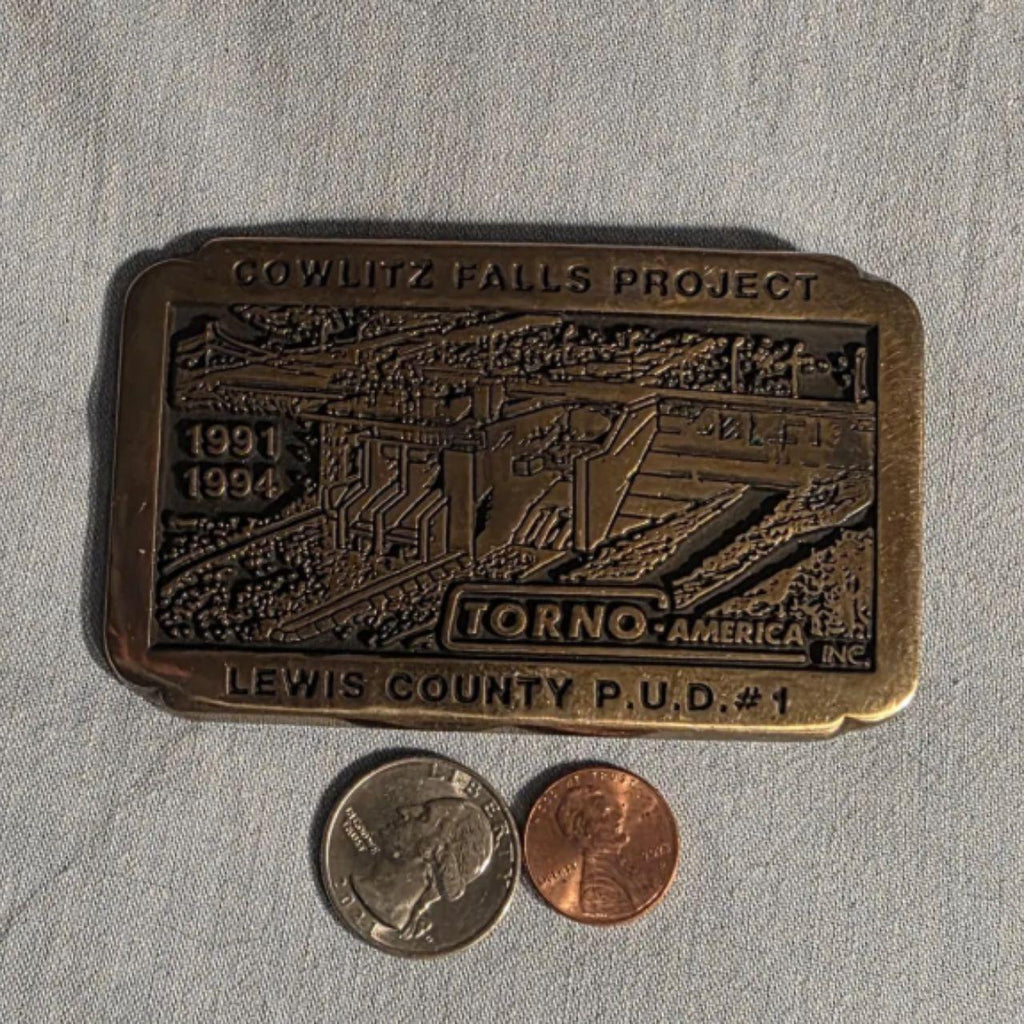 Vintage 1992 Metal Belt Buckle, Brass, Cowlitz Falls Project, Torno, Lewis County, Nice Western Design