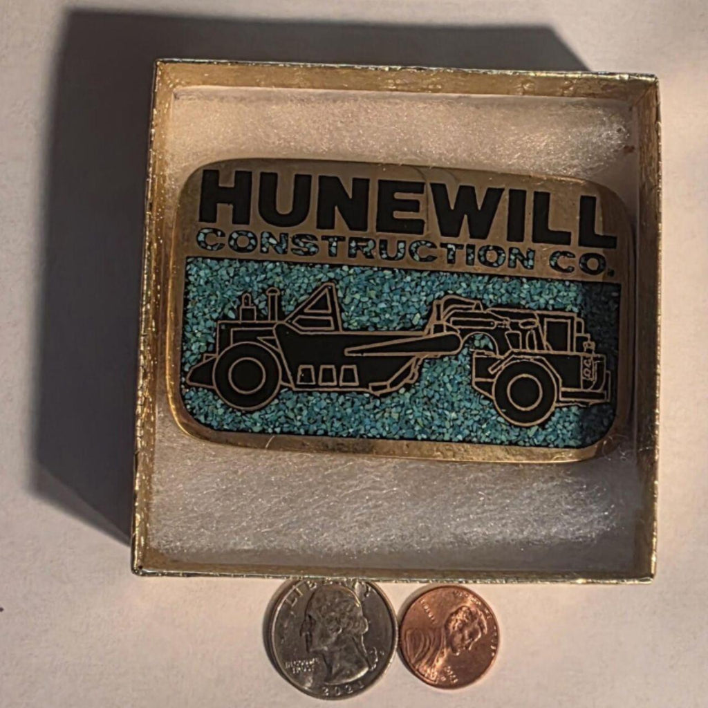 Vintage Metal Belt Buckle, Solid Brass, Blue Crushed Turquoise Stones, Hunewill Construction Co, Road Grader, AG